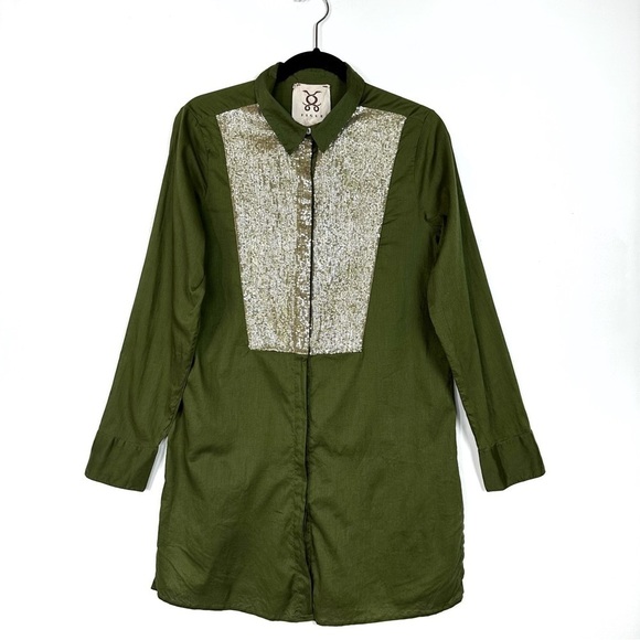 Figue Silver Sequins Embellished Button Down Shirt Tunic In Olive Green Size M - Picture 1 of 10